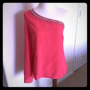 One shoulder dark coral top, size small
